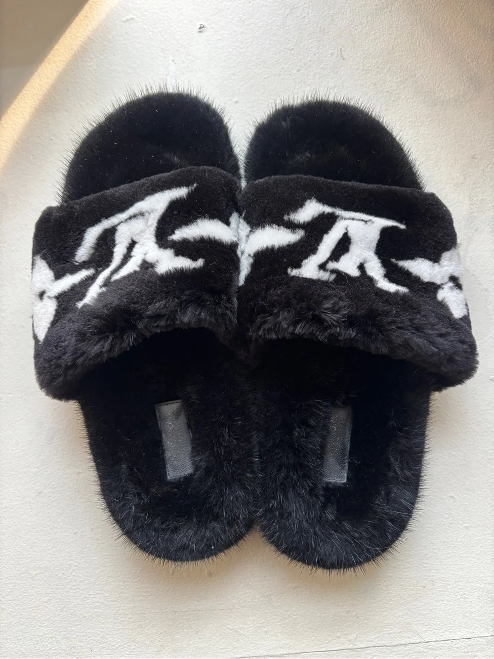 Louis Vuitton Black and White Faux-Fur Slide Slippers
